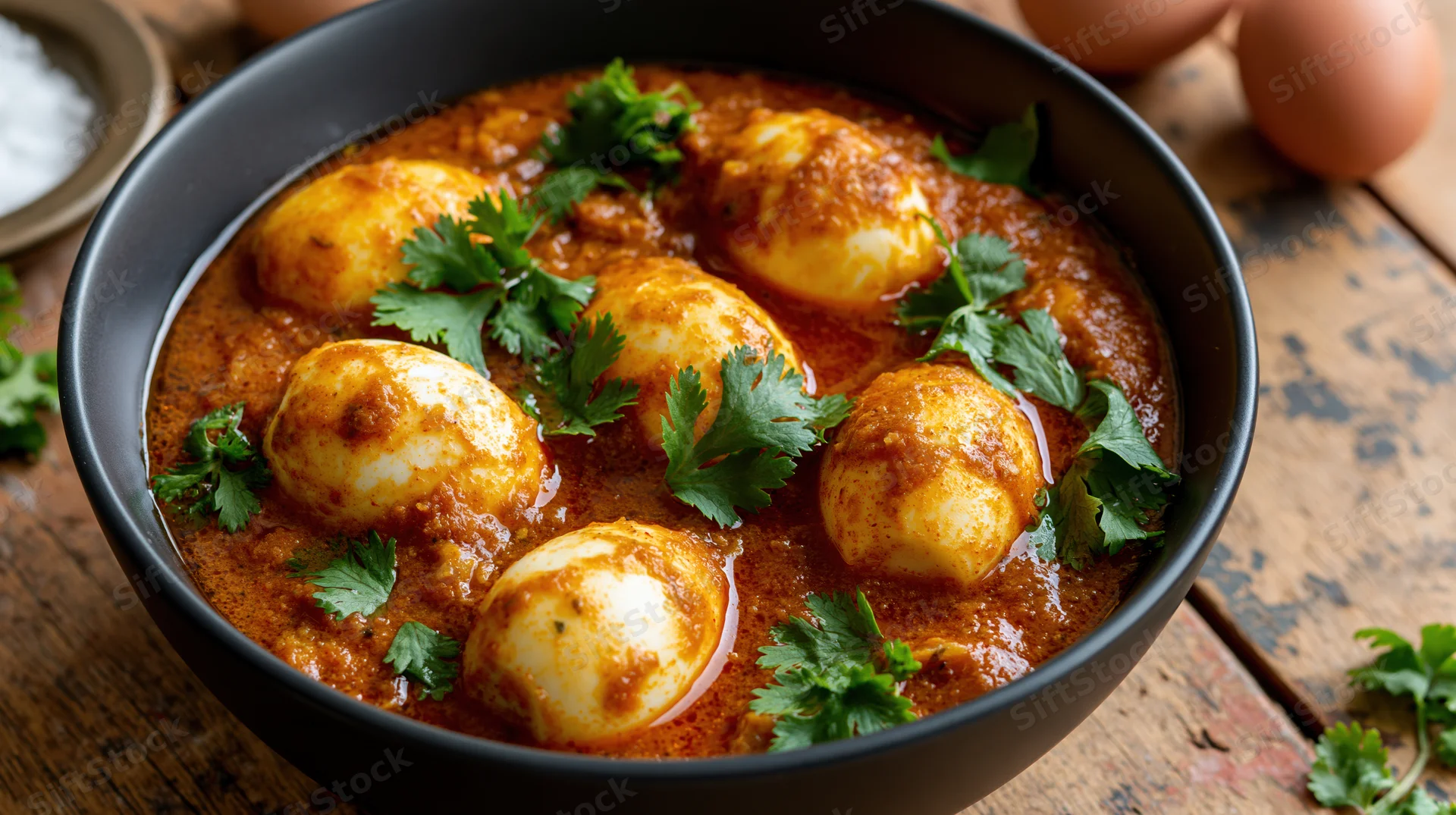 Halved boiled eggs in rich red-orange curry sauce garnished with cilantro in a black bowl on a rustic wooden table