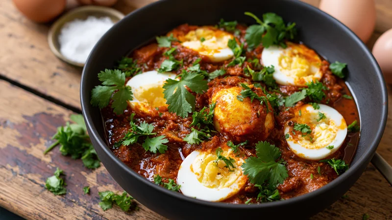 Egg curry with halved boiled eggs and cilantro garnish in a black bowl on a wooden table