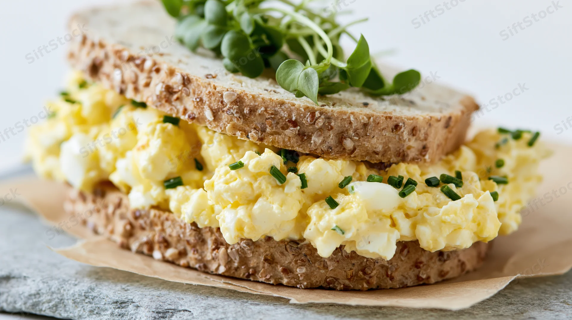 Thick egg salad sandwich on seeded white bread with chives and microgreens on parchment paper