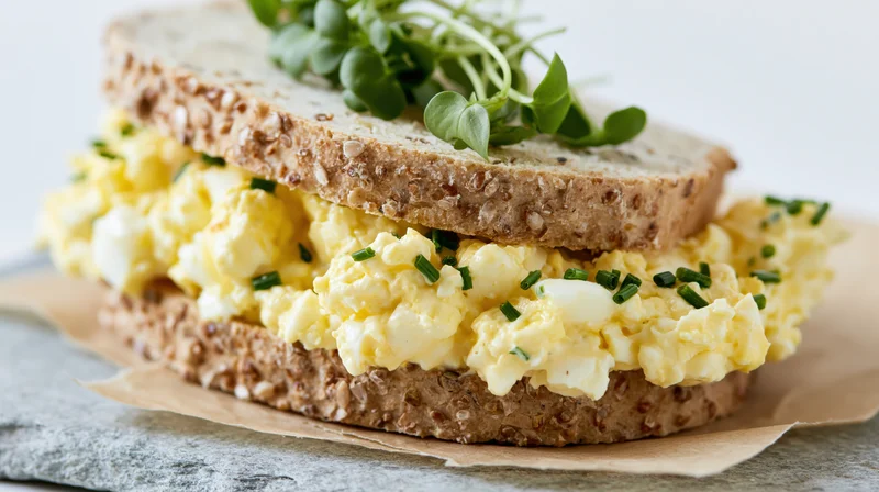 Thick egg salad sandwich on seeded white bread with chives and microgreens on parchment paper
