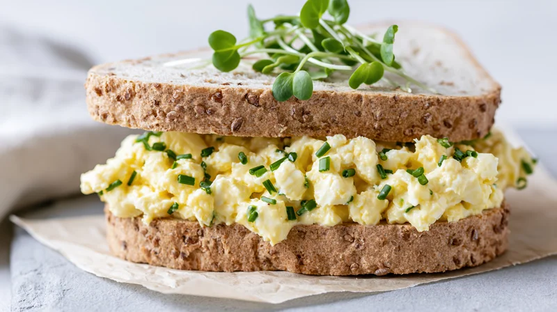 Egg salad sandwich with chives and microgreens on seeded white bread, close-up on parchment paper