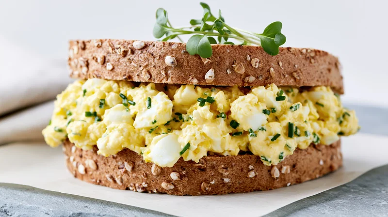 Thick egg salad sandwich on seeded bread with chives and microgreens on parchment paper