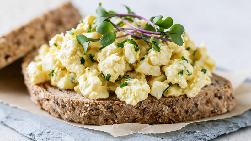 Egg salad on seeded wholegrain bread topped with chives and microgreens on parchment paper over slate