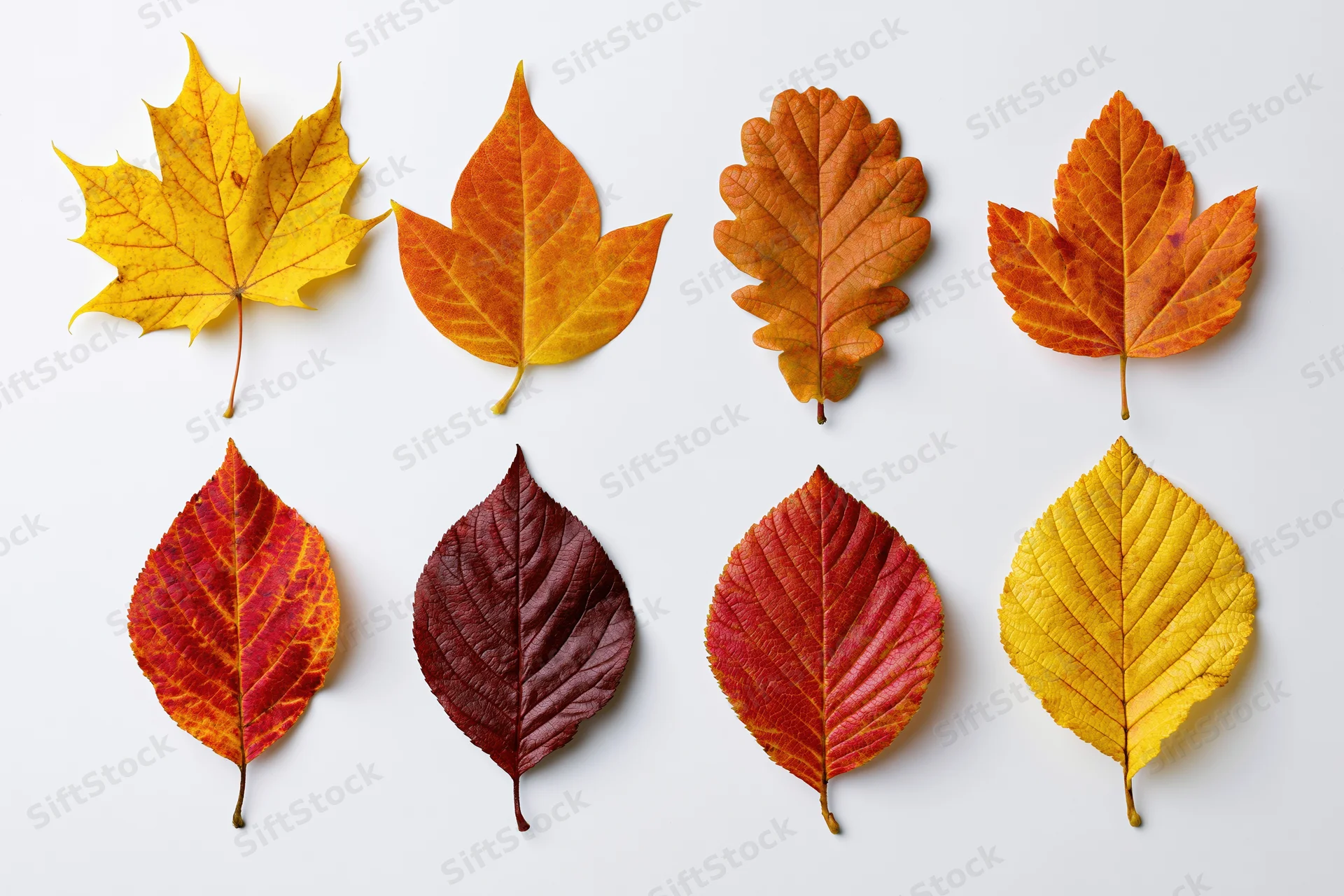Eight autumn leaves arranged in two rows on a white background