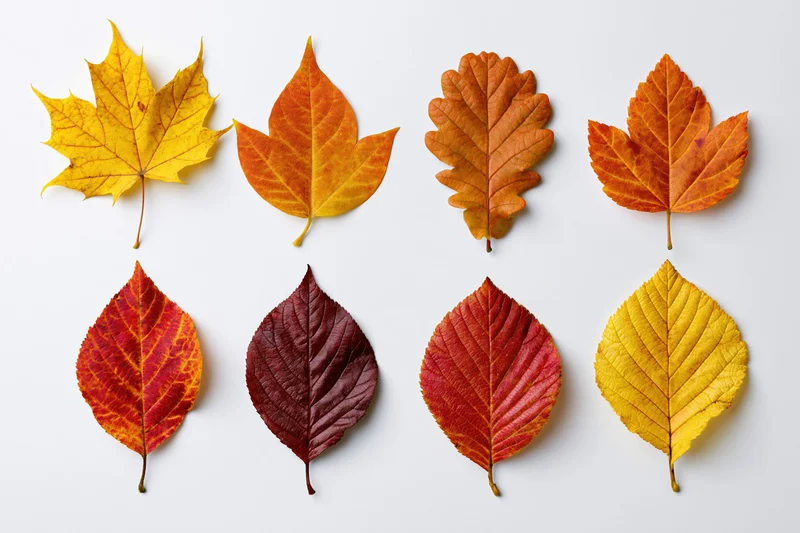 Eight autumn leaves arranged in two rows on a white background