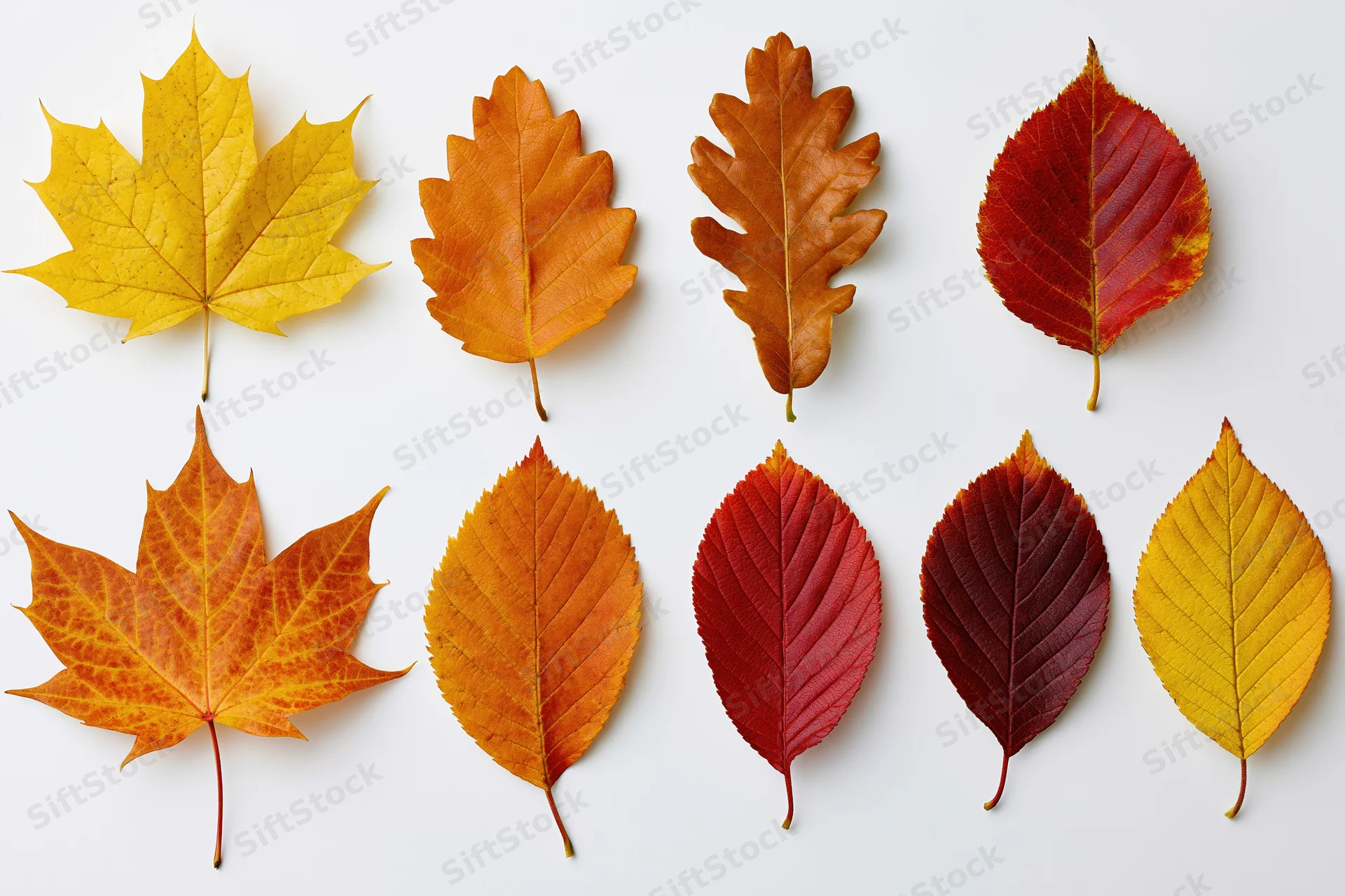 Eight autumn leaves arranged in two rows on white background
