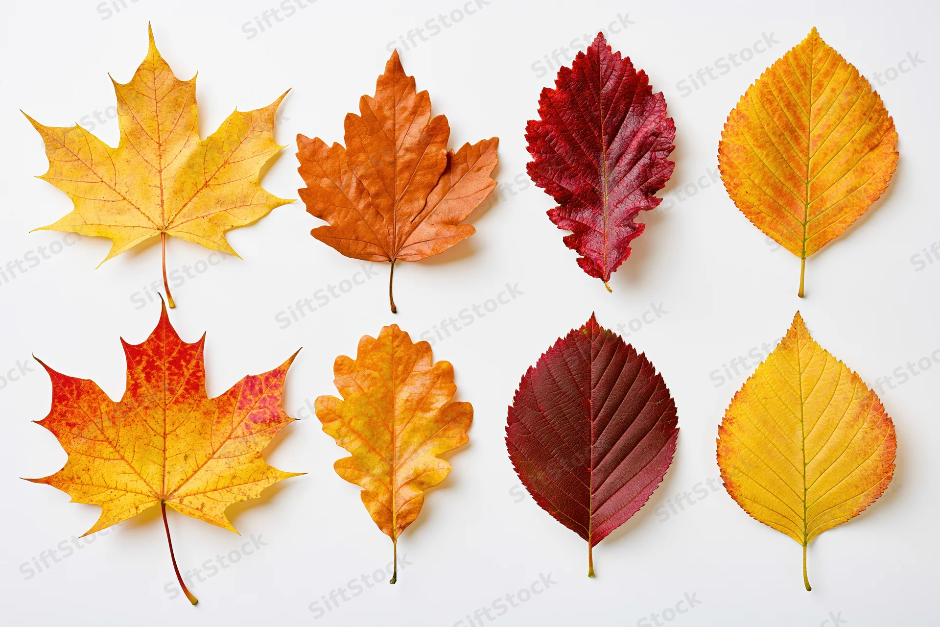 Eight autumn leaves arranged in two rows on a white background