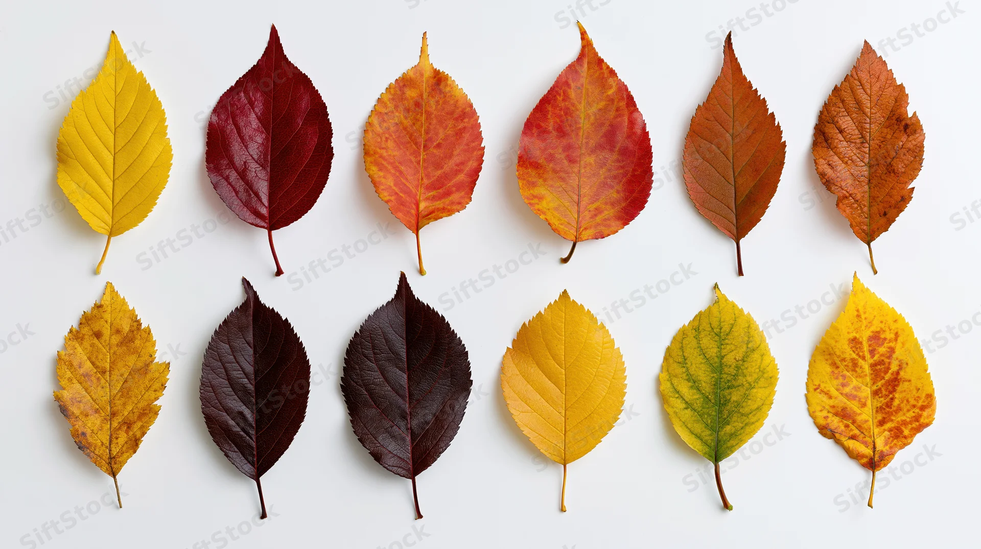 Twelve autumn leaves arranged in two rows on a white surface