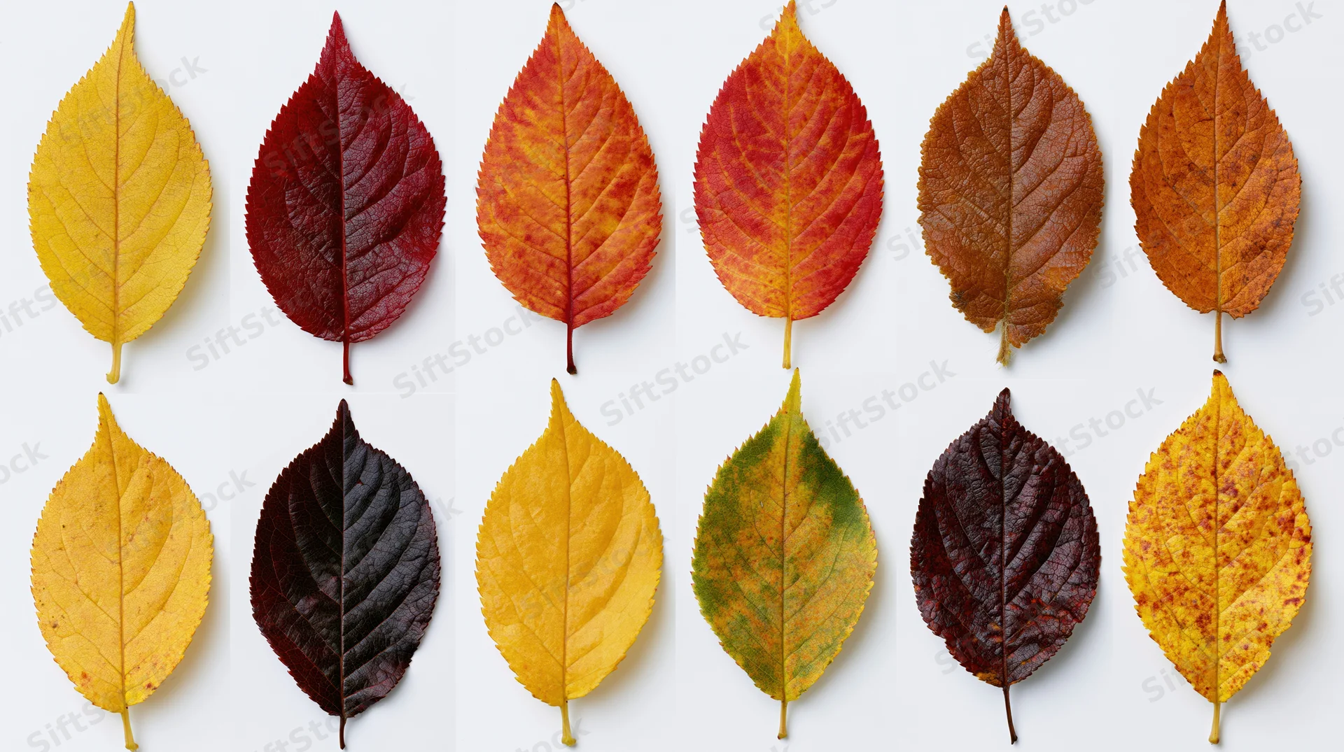 Twelve autumn leaves arranged in two rows on white background