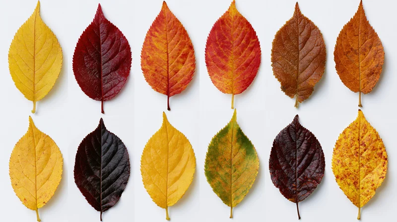 Twelve autumn leaves arranged in two rows on white background