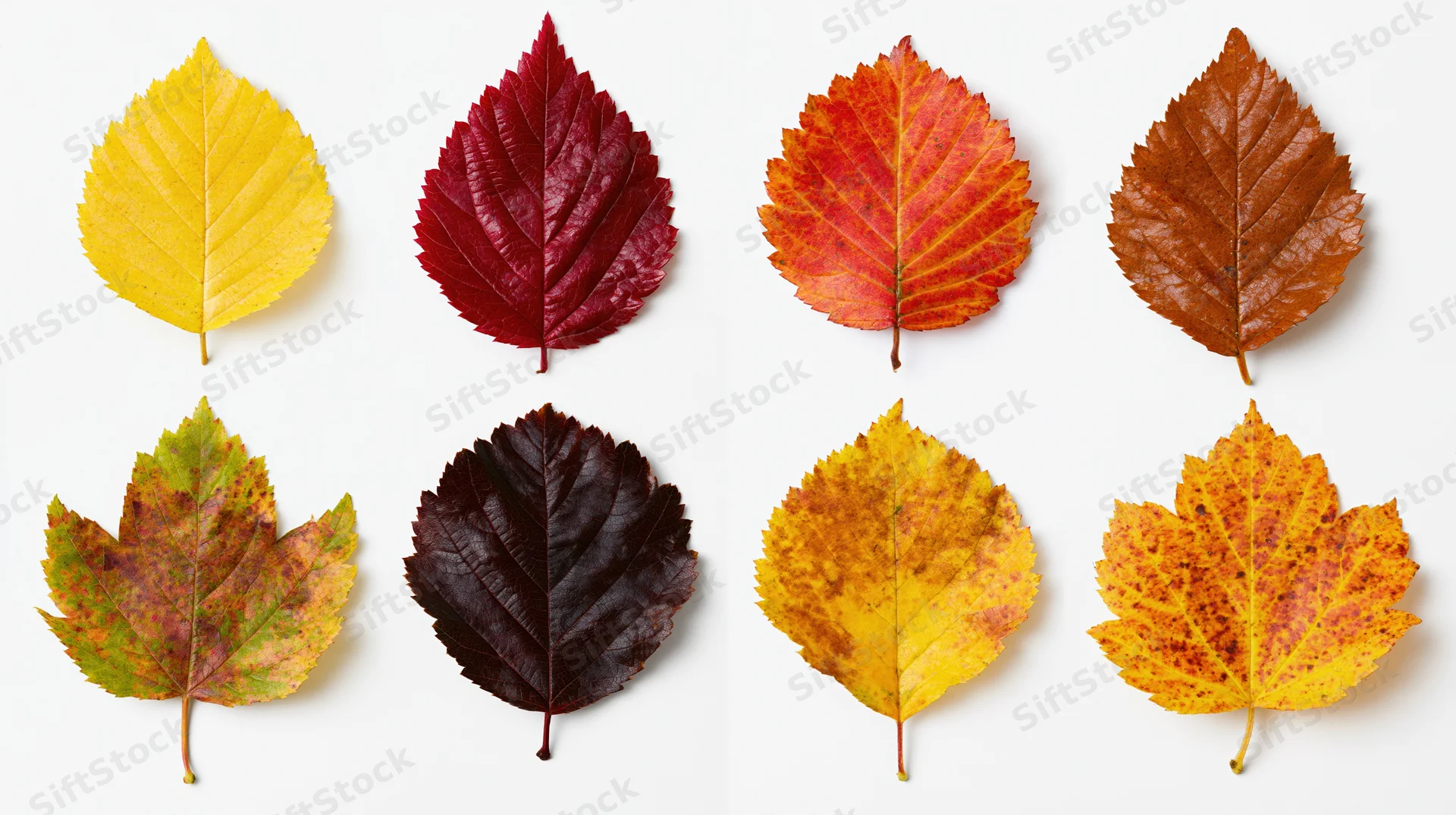 Eight autumn leaves of different species arranged in two rows on white background