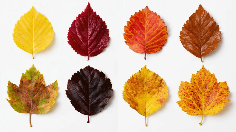 Eight autumn leaves of different species arranged in two rows on white background