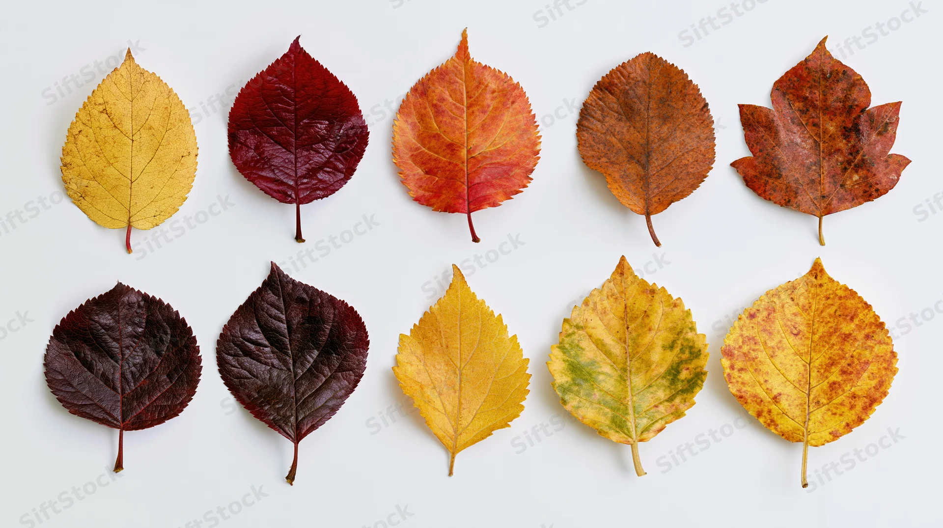 Ten autumn leaves arranged in two rows on a white surface