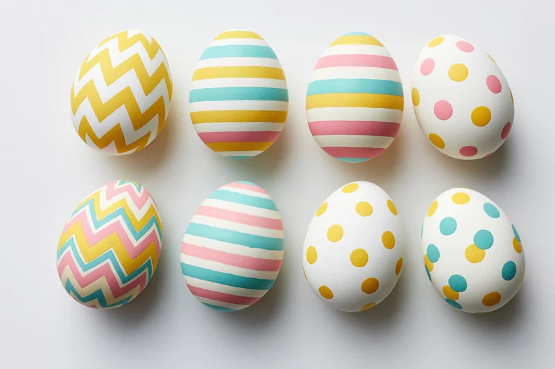Eight decorated easter eggs arranged in two rows on white surface