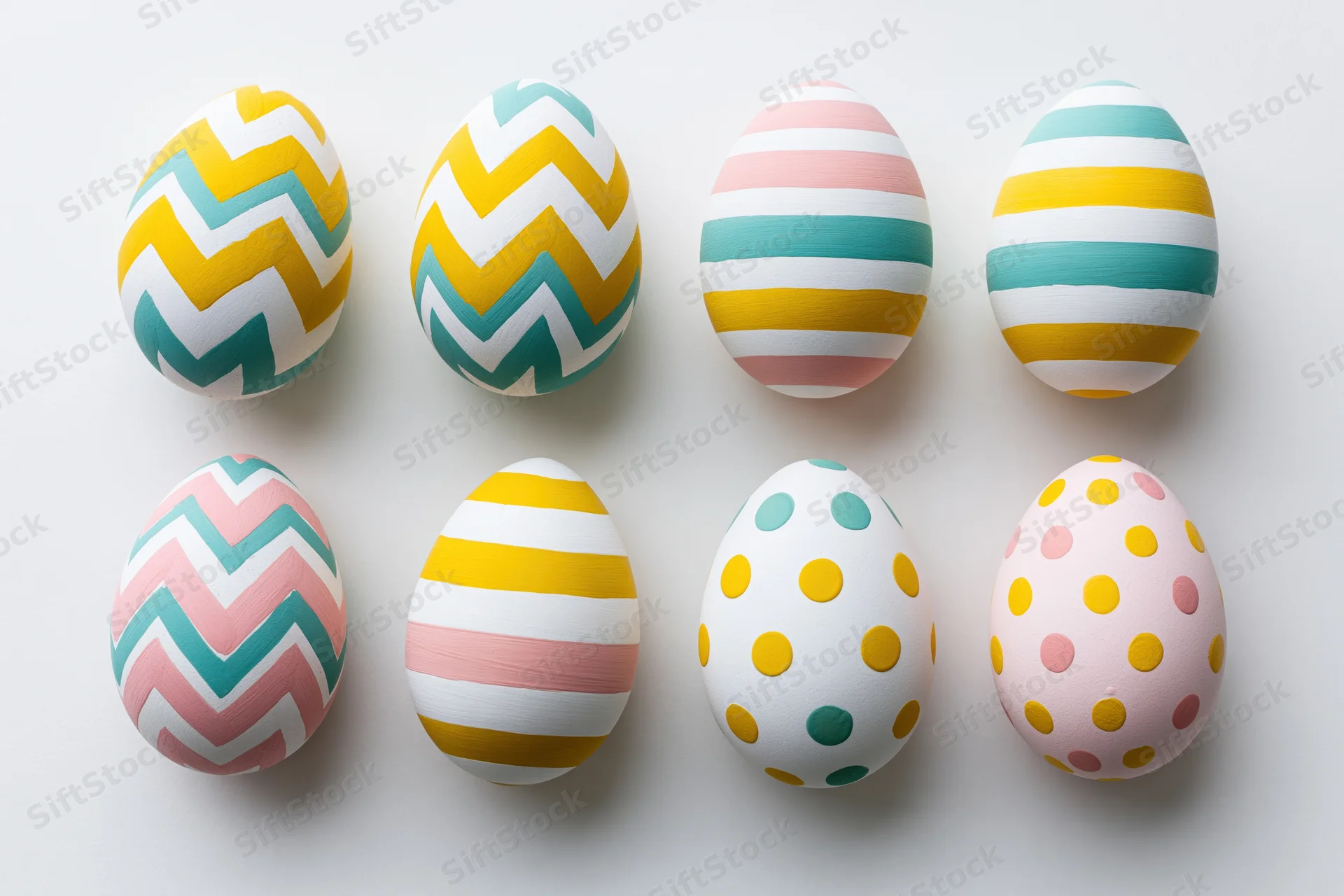 Eight decorated easter eggs arranged in two rows on white background