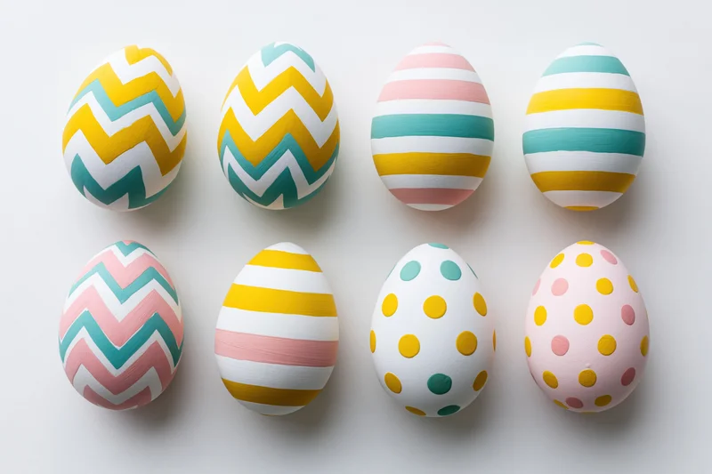 Eight decorated easter eggs arranged in two rows on white background