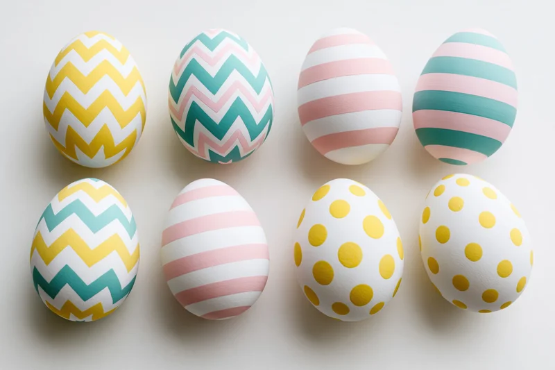 Eight decorated easter eggs arranged in two rows on a white surface