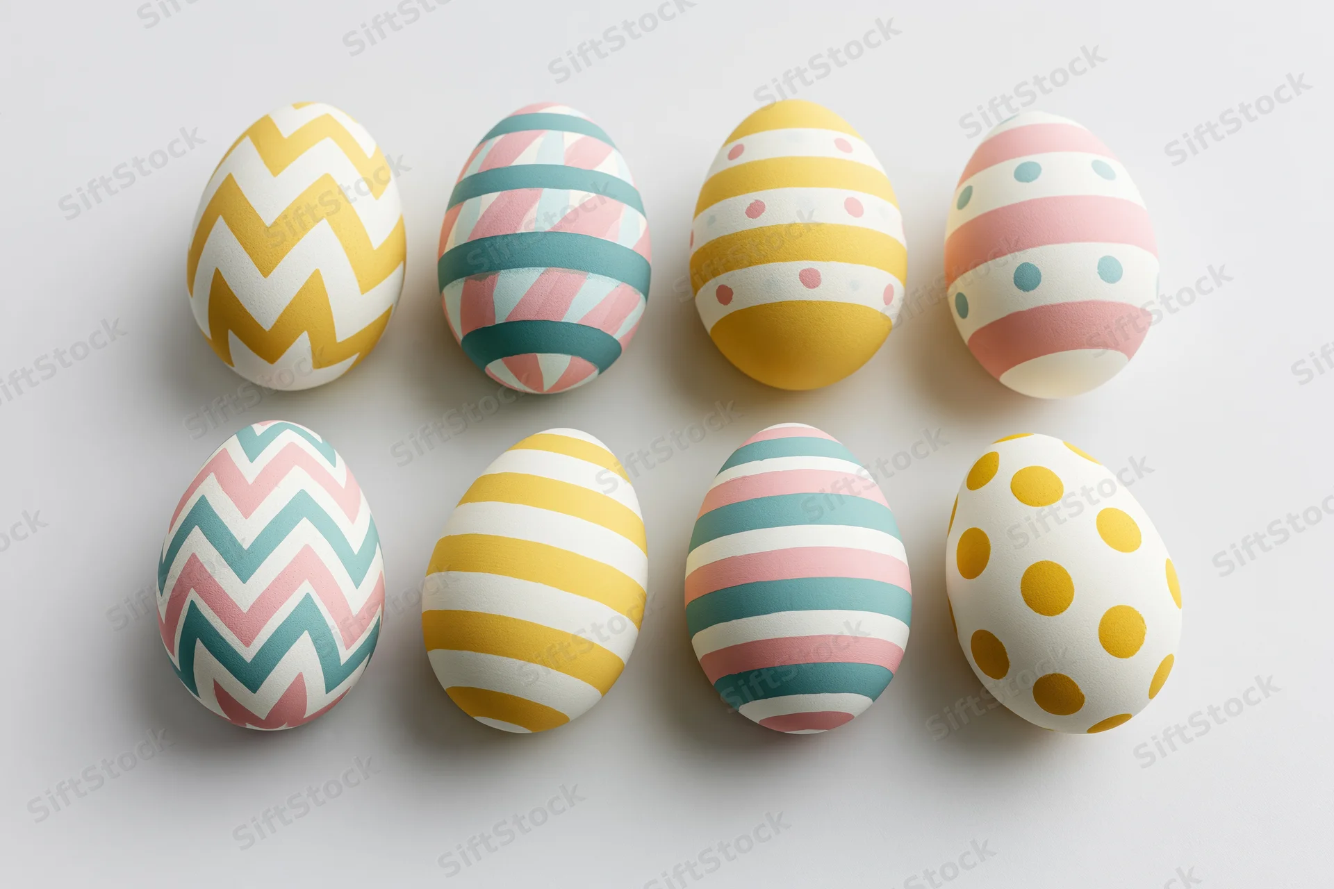 Eight decorated easter eggs arranged in two rows on a white surface