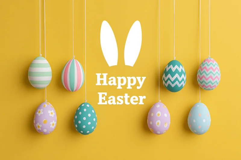 Eight decorated easter eggs hanging from strings against a yellow background with happy easter text and bunny ears