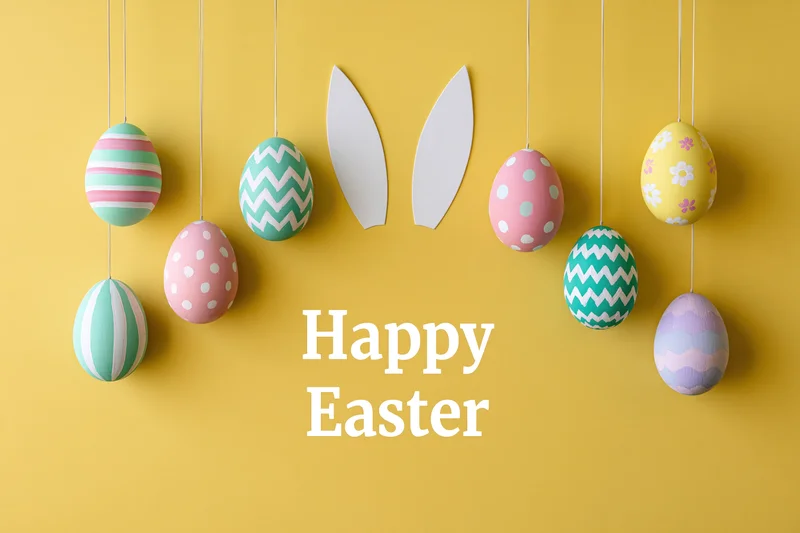 Decorated easter eggs hanging from strings with bunny ears and happy easter text on yellow background