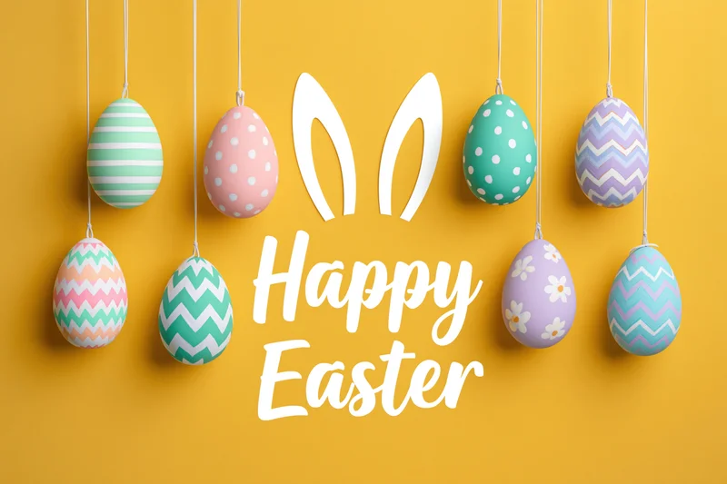 Decorated easter eggs hanging from strings with bunny ears and happy easter text on yellow background