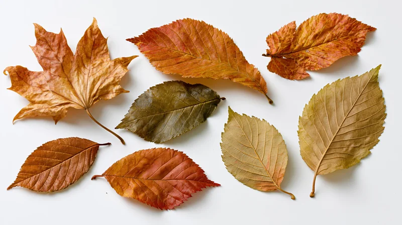 Dried autumn leaves of various species scattered on white background
