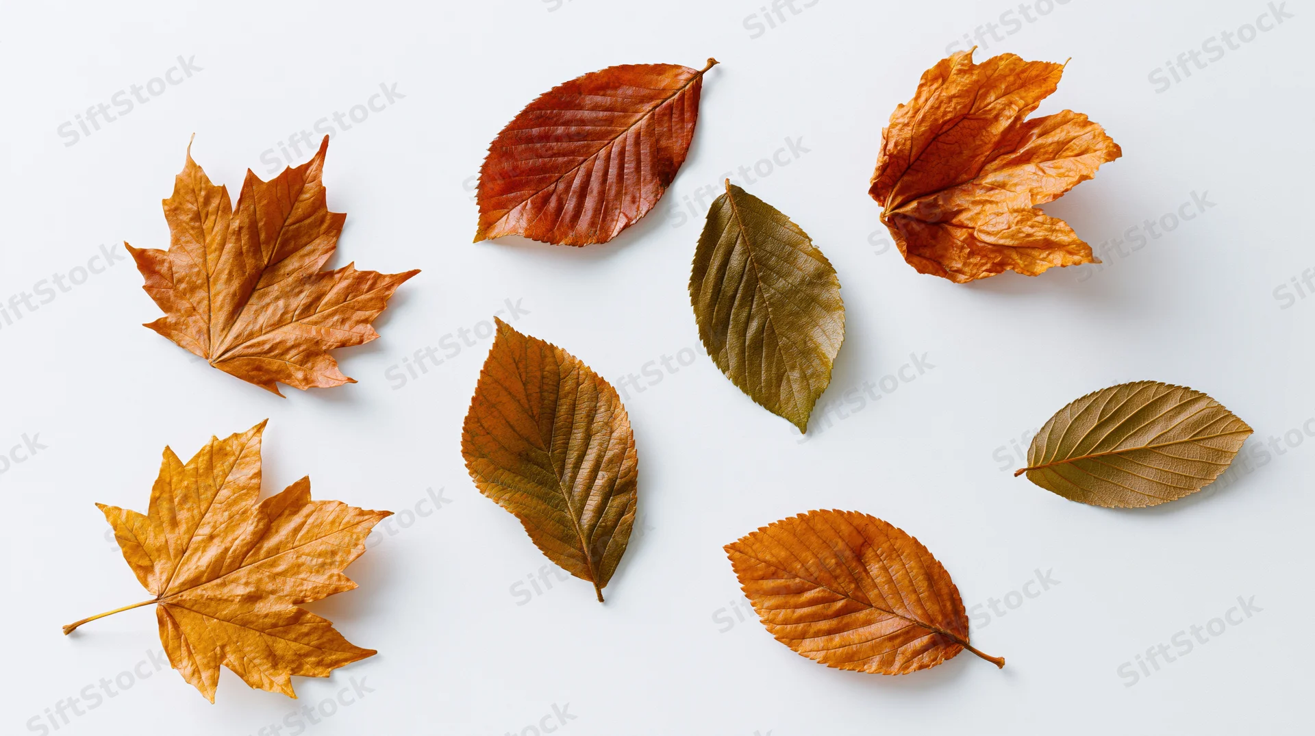 Dried autumn leaves scattered across a white surface in a flat lay arrangement