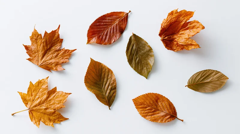 Dried autumn leaves scattered across a white surface in a flat lay arrangement