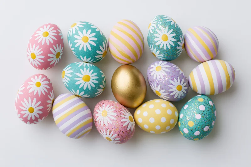 Eighteen decorated easter eggs arranged in loose rows on white surface