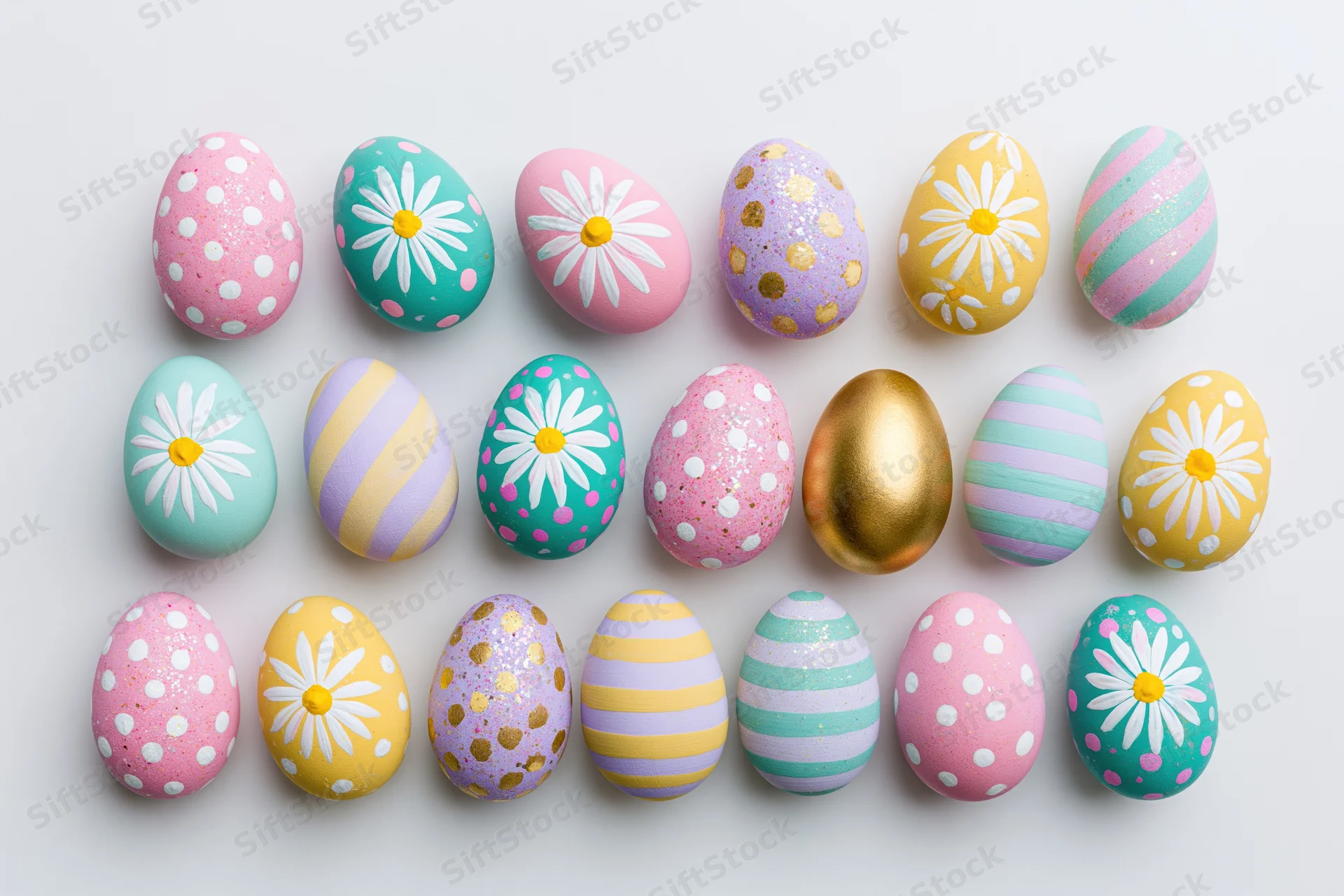 Eighteen decorated easter eggs arranged in three rows on white background