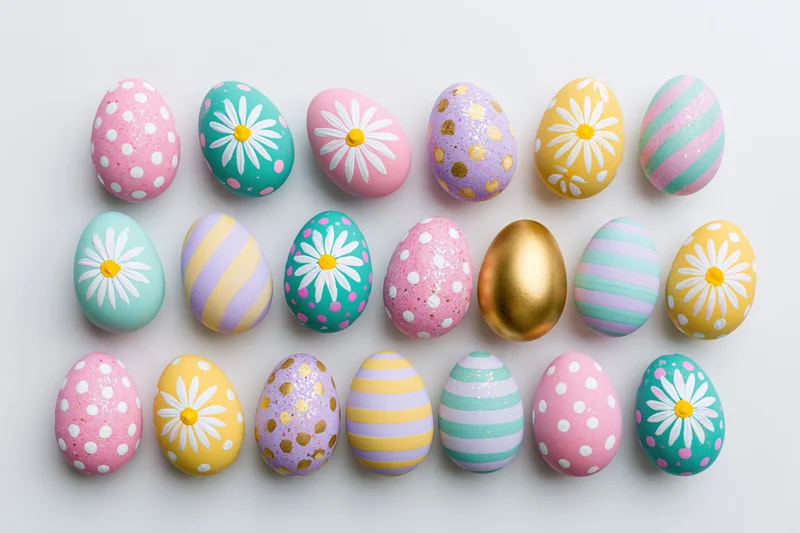 Eighteen decorated easter eggs arranged in three rows on white background