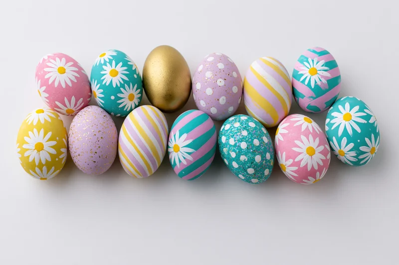 Eighteen decorated easter eggs arranged in three loose rows on a white surface