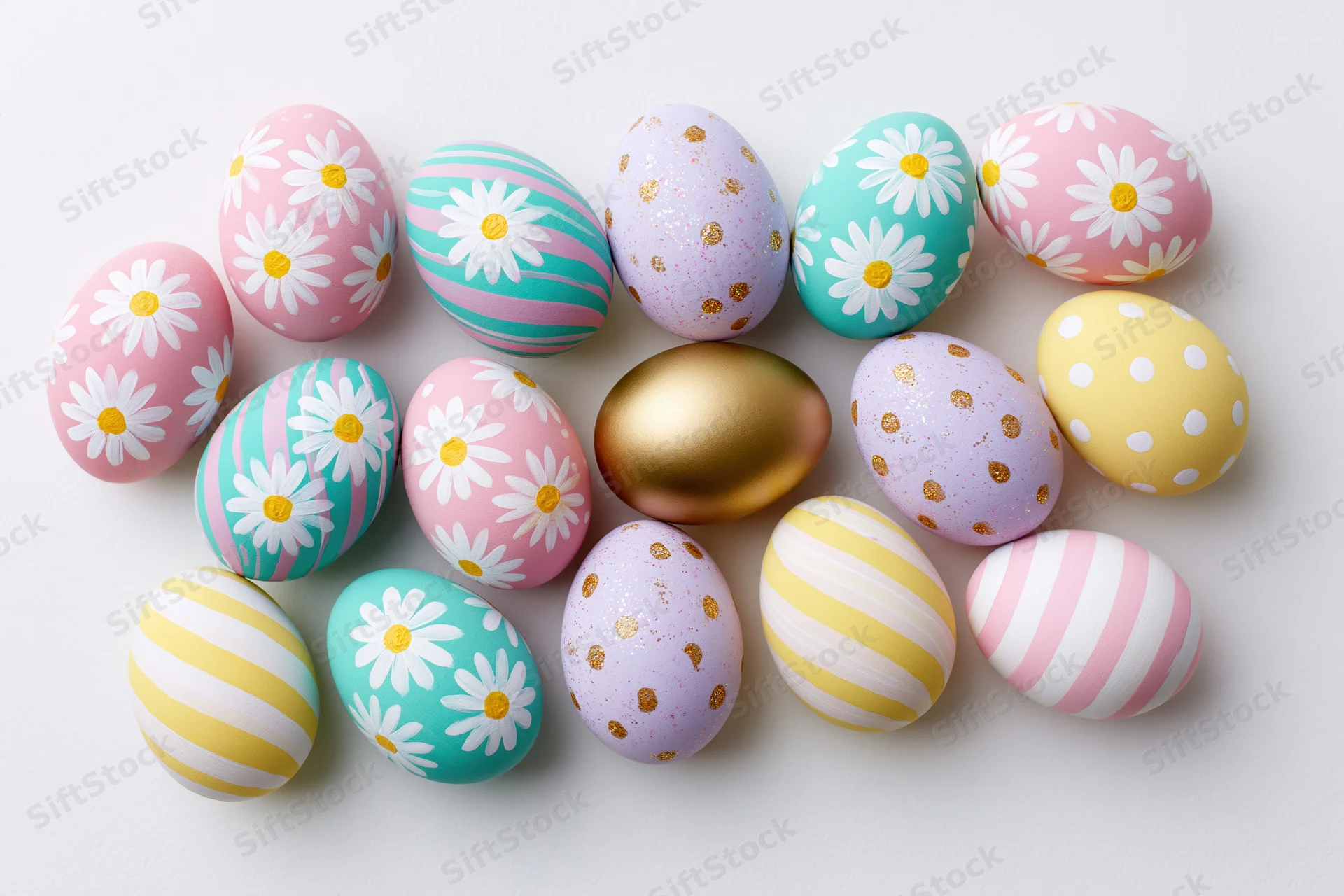 Eighteen decorated easter eggs arranged in loose rows on white surface