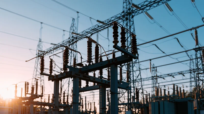 Electrical substation with power lines and insulators silhouetted against a sunset sky