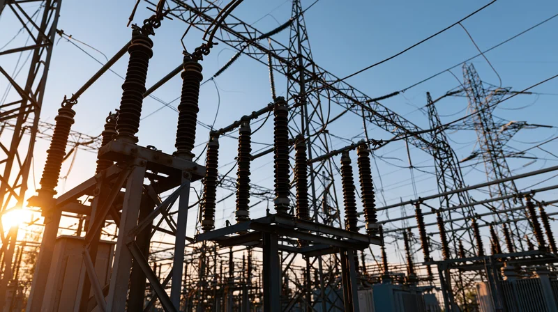 Low-angle view of electrical substation with power lines and insulators against sunset sky