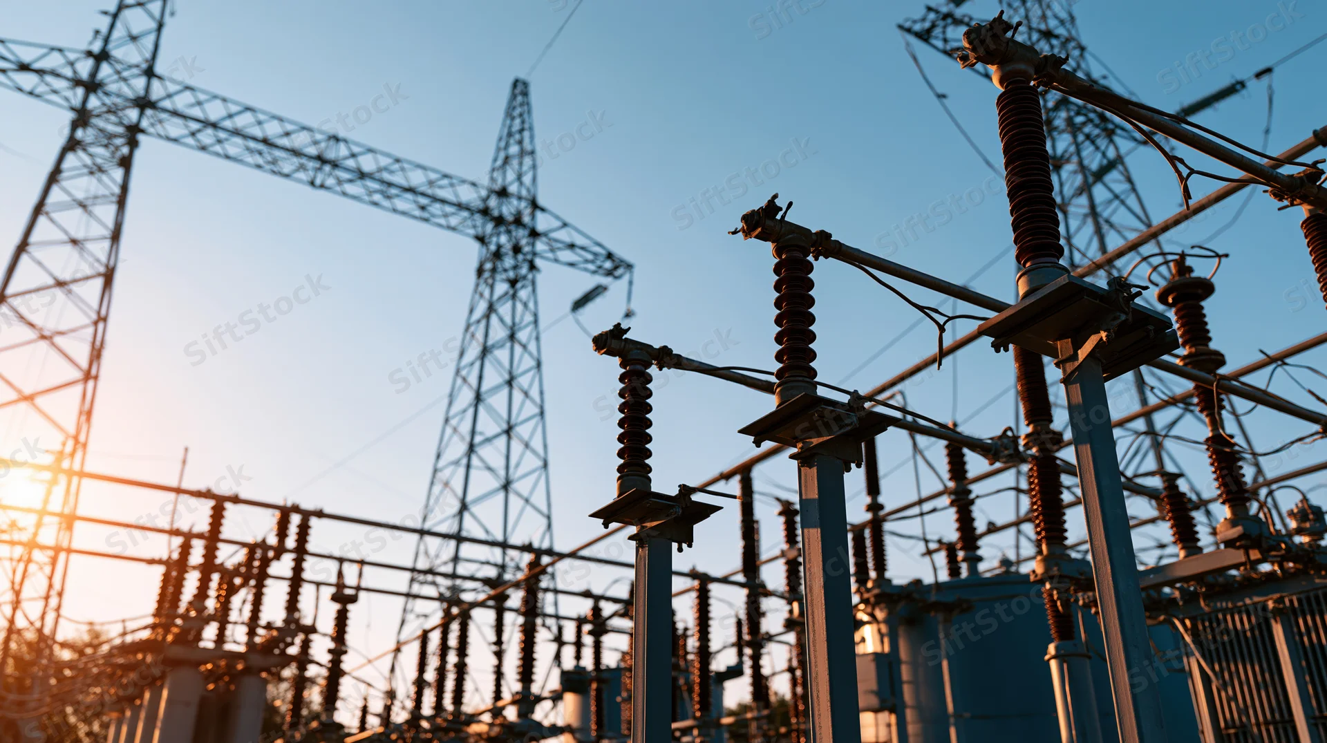 Low angle view of electrical substation with insulators and transmission towers against sunset sky