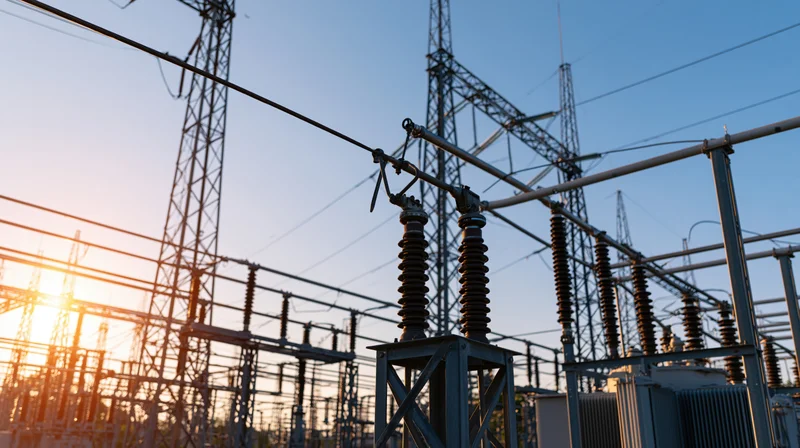Low angle view of electrical substation with power lines and insulators against sunset sky
