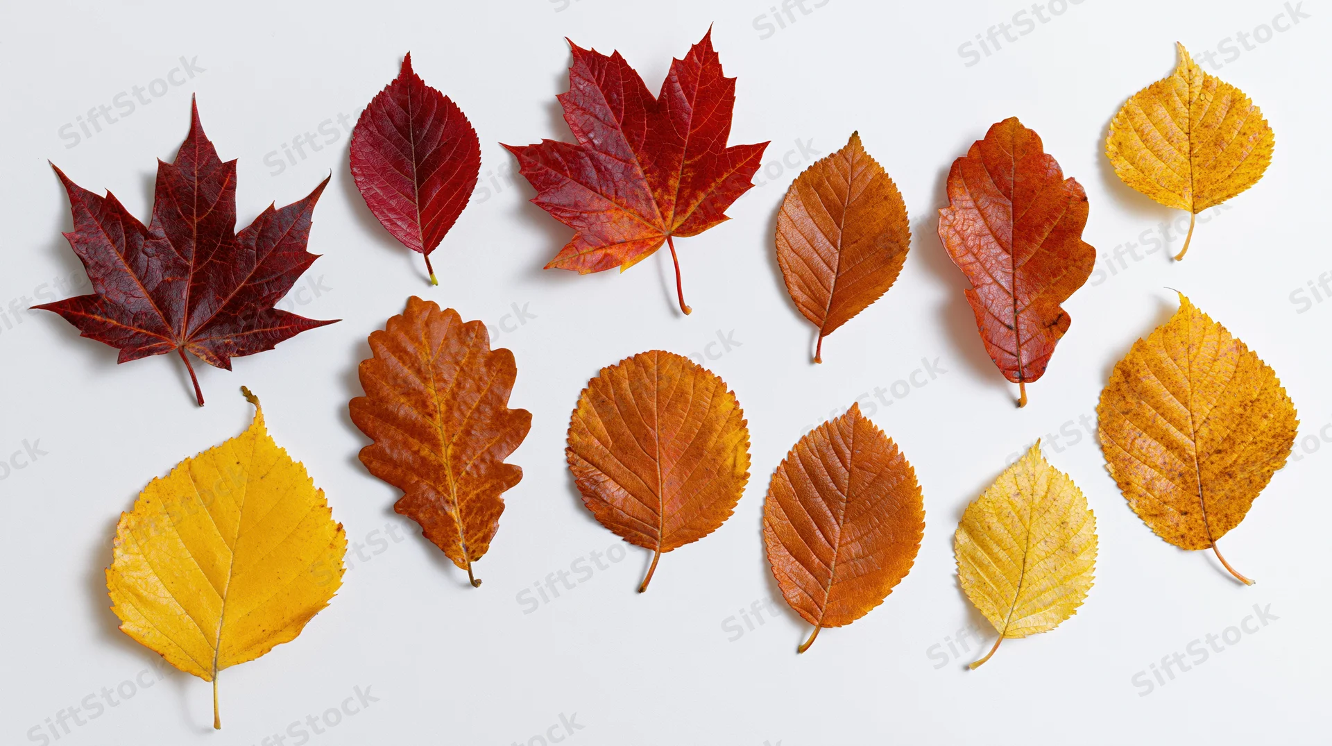 Eleven autumn leaves of maple, oak, and birch arranged in rows on a white background