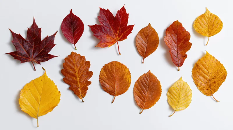 Eleven autumn leaves of maple, oak, and birch arranged in rows on a white background