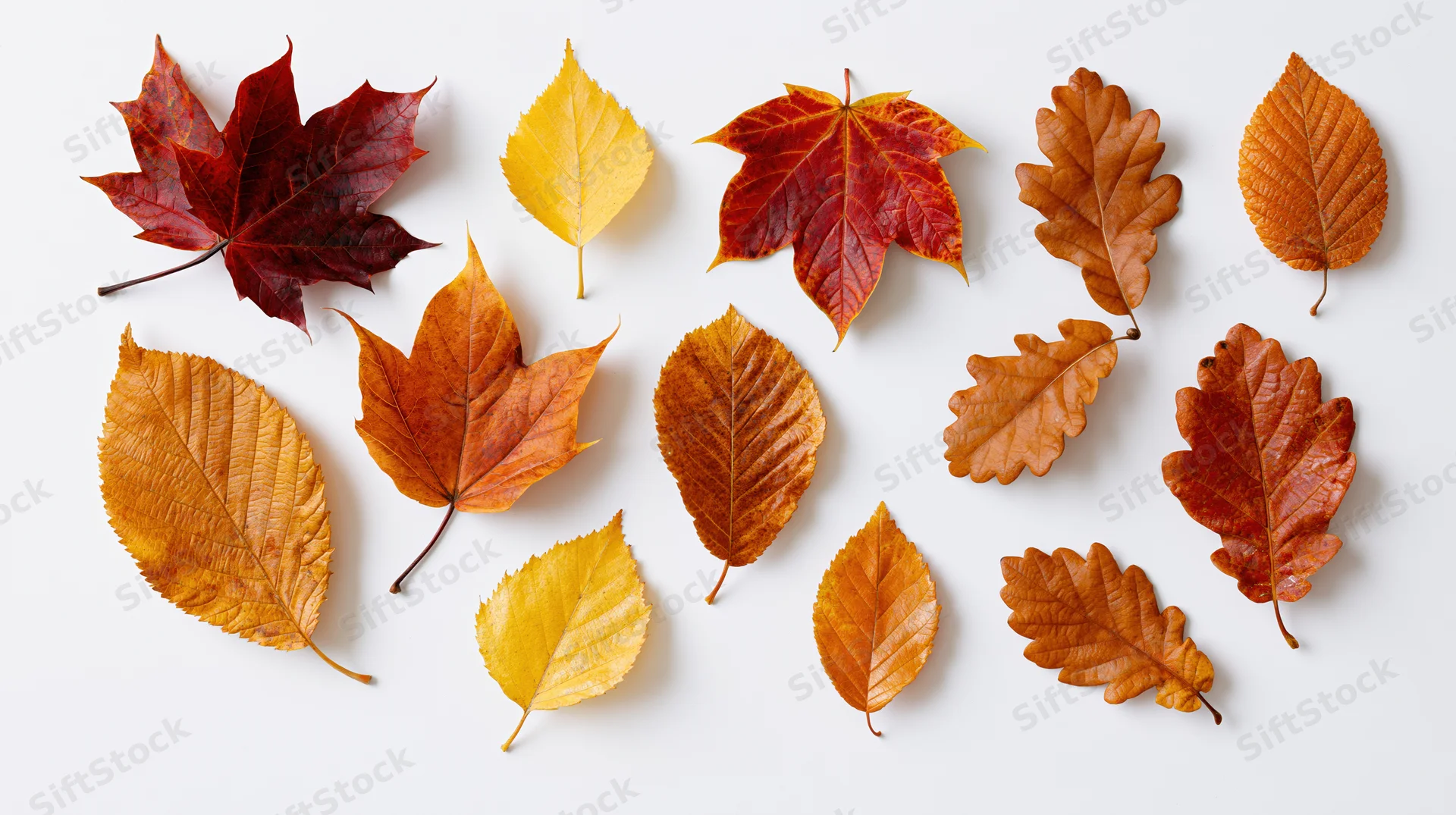 Autumn leaves of maple, oak, and birch arranged on white background