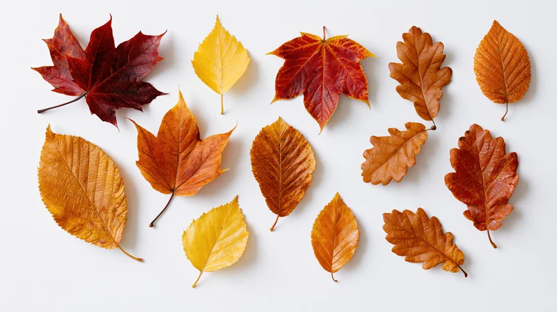 Autumn leaves of maple, oak, and birch arranged on white background