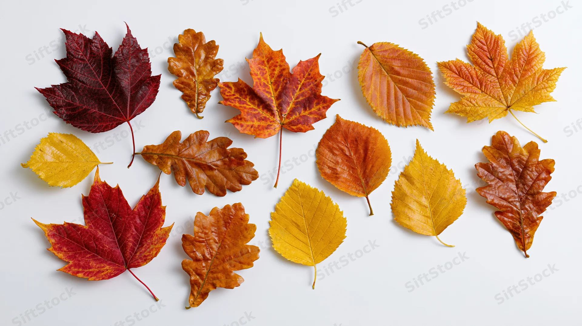 Autumn leaves of maple, oak and birch arranged on white background