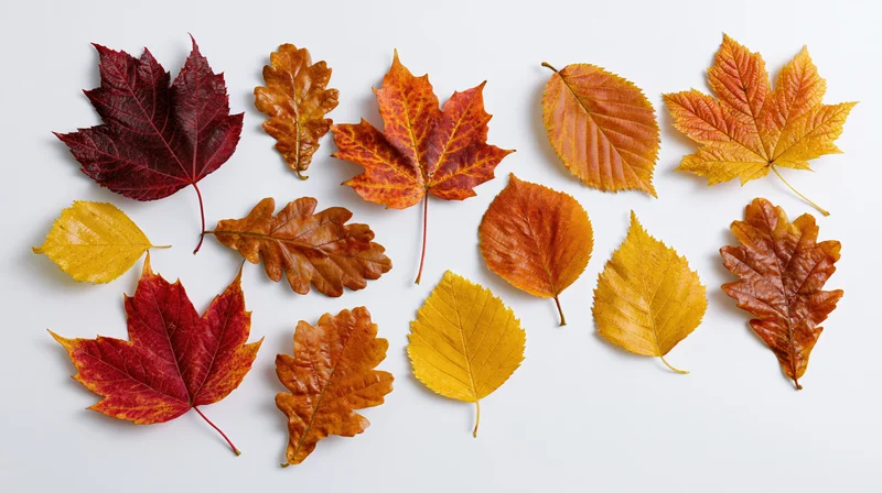 Autumn leaves of maple, oak and birch arranged on white background