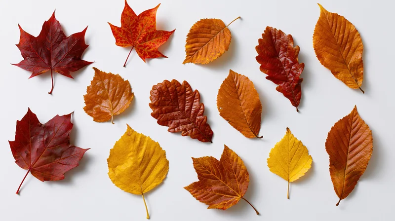 Autumn leaves of various species arranged on a white background
