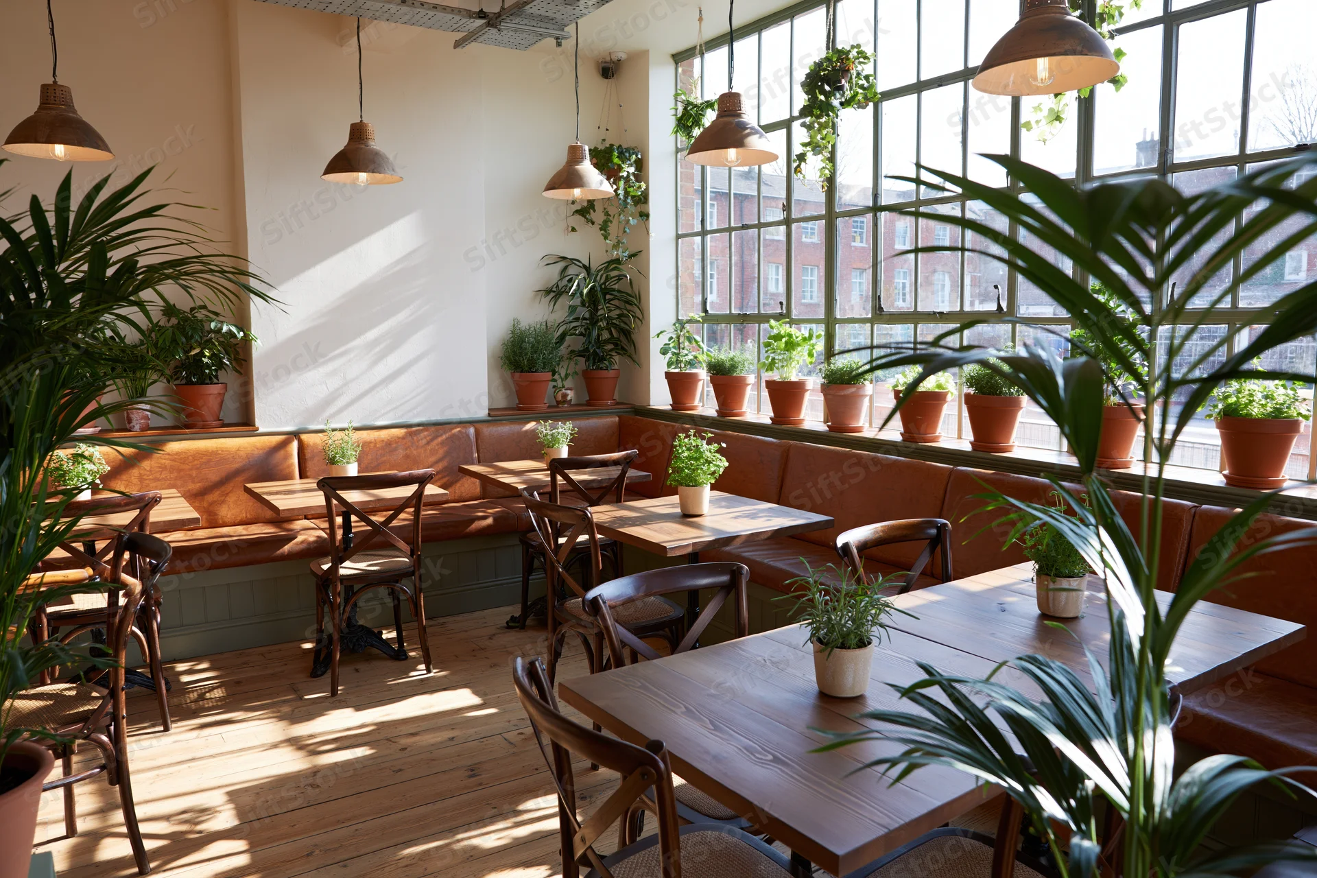 Empty cafe interior with wooden tables and cross-back chairs arranged along a leather bench by large windows with potted plants and pendant lights