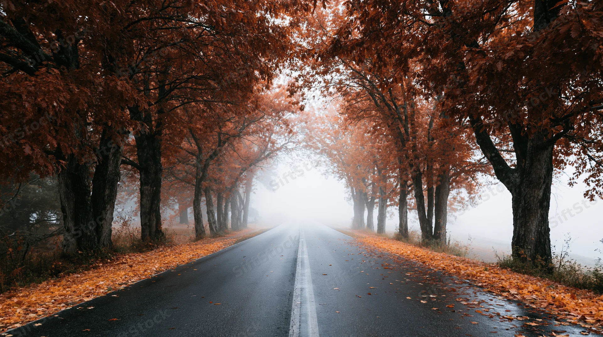 Straight asphalt road lined with autumn trees stretching into foggy distance