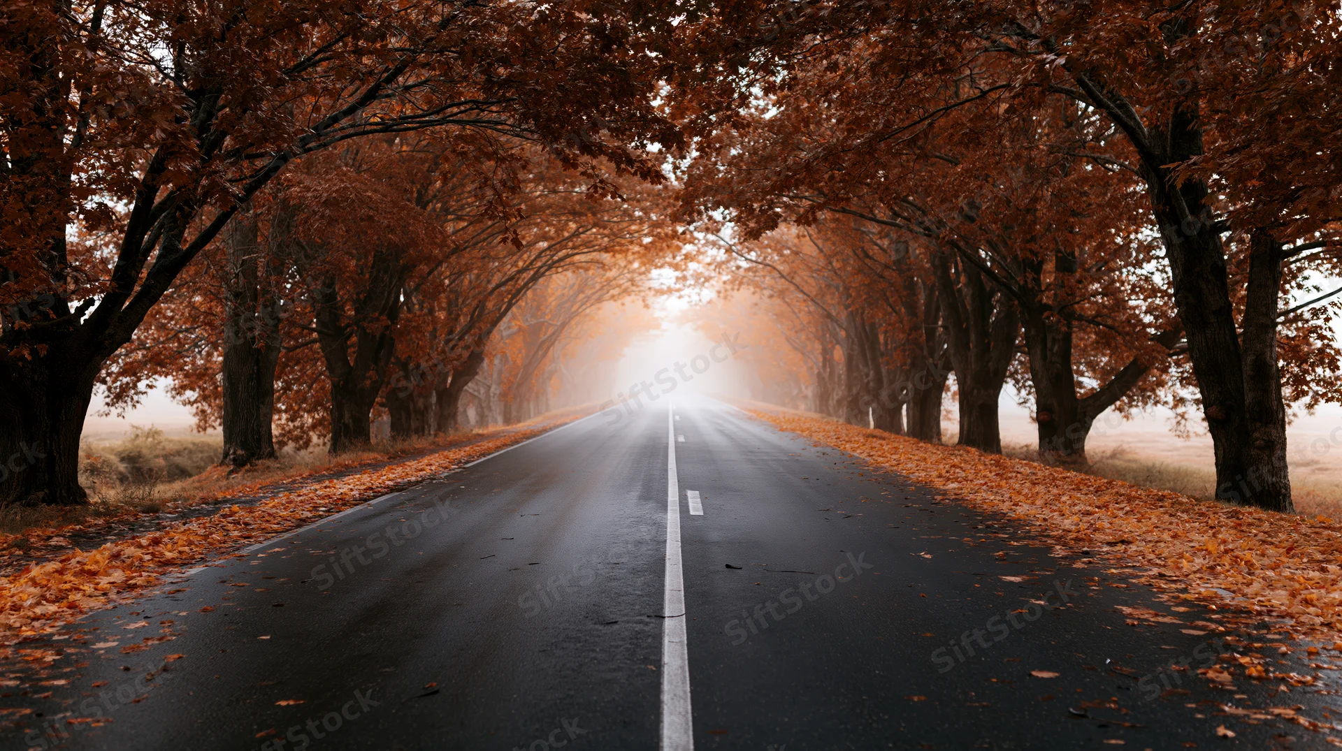 Straight asphalt road lined with autumn trees stretching into misty horizon