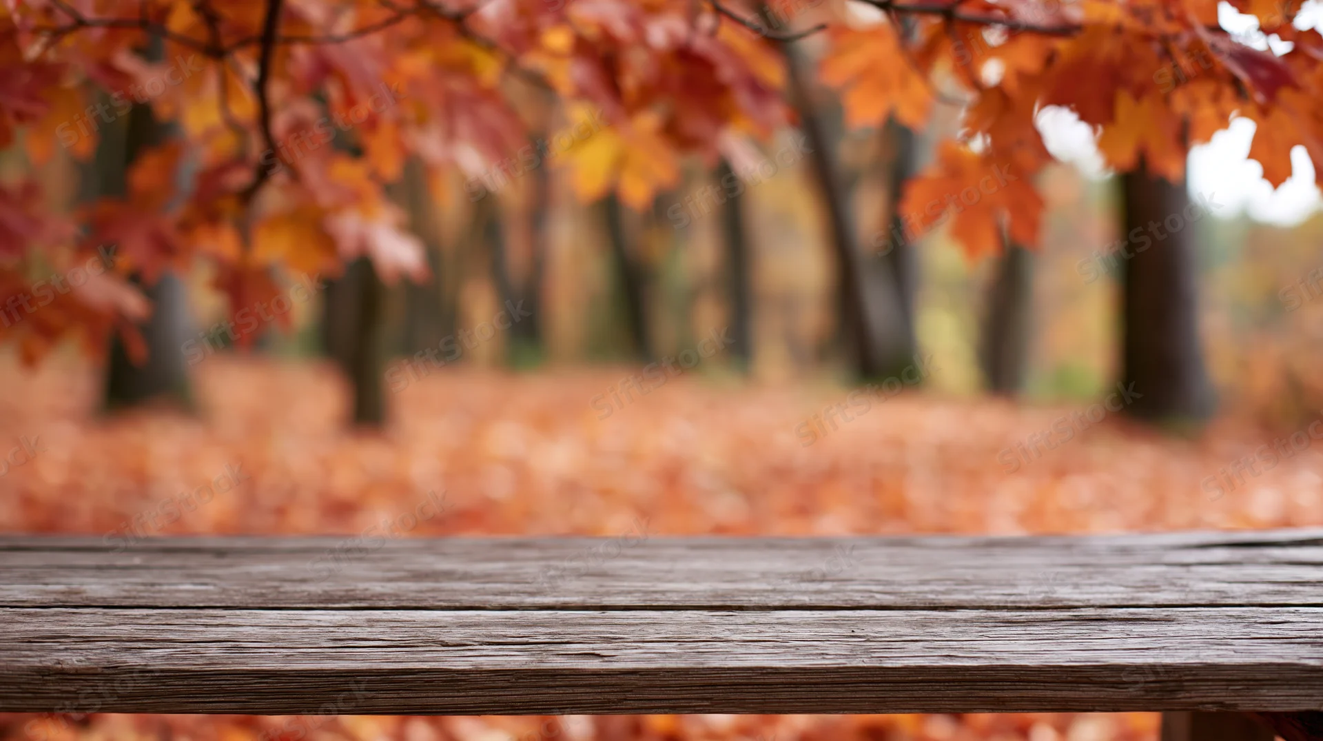 Weathered wooden plank surface in foreground framing autumn forest with fallen leaves and maple branches in soft focus background