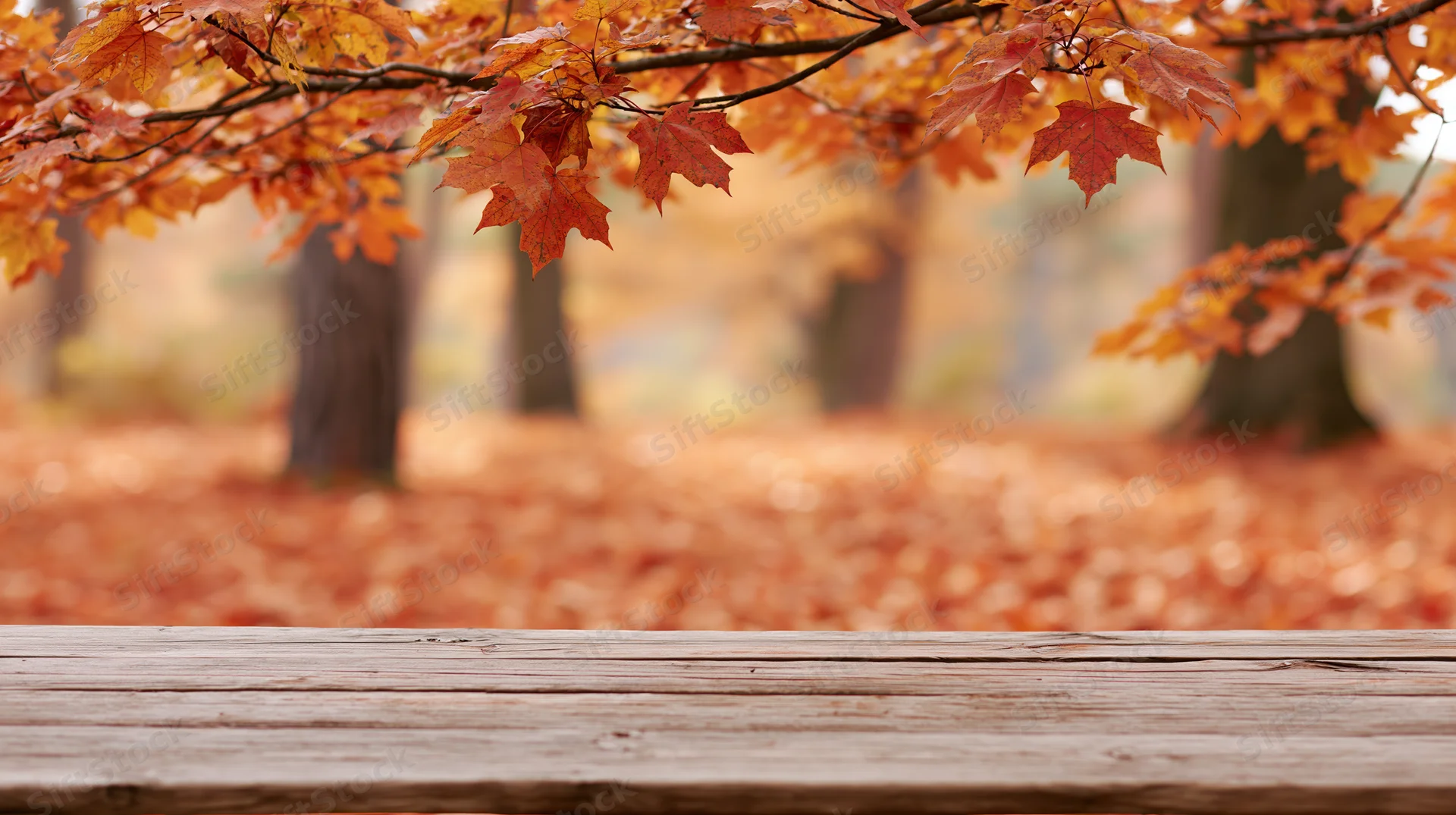 Weathered wooden plank surface in foreground framing autumn maple trees with fallen leaves in forest background