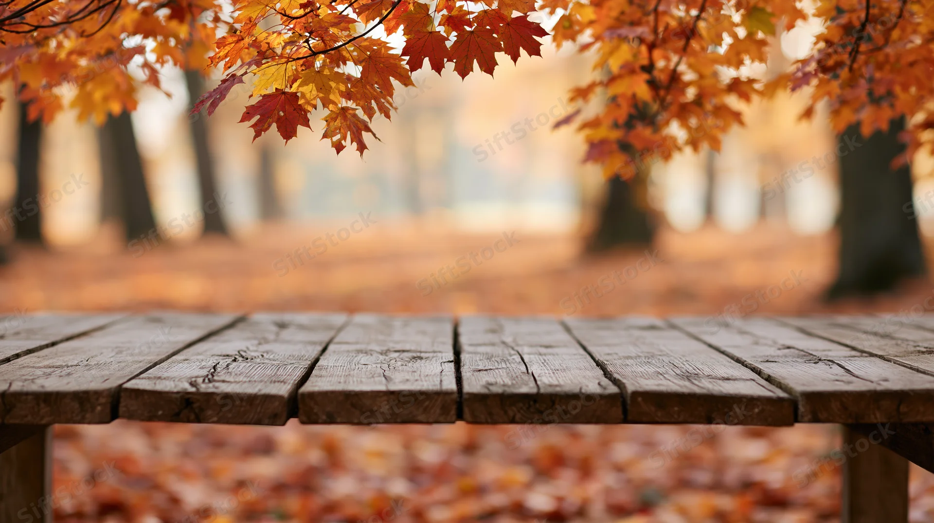 Weathered wooden bench surface in foreground framing autumn forest with colorful maple leaves above and fallen foliage below